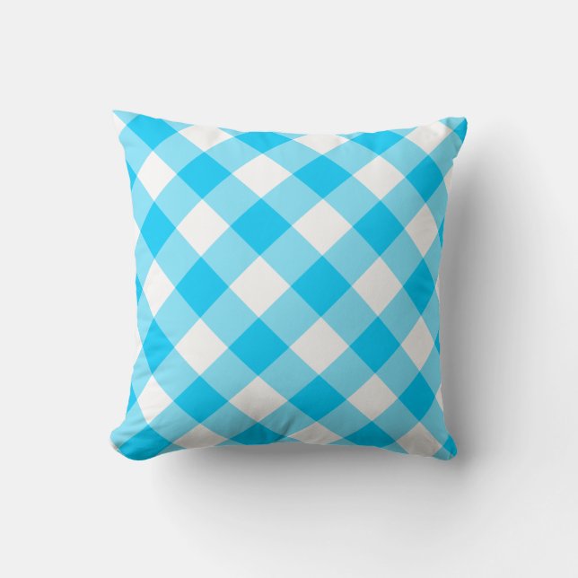 Aqua Blue and White Diagonal Gingham Mönster Kudde (Framsida)