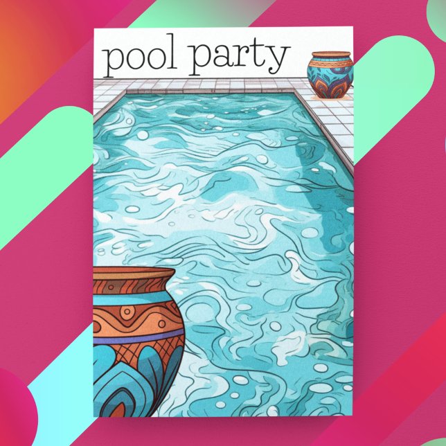 Aqua Blue Anpassade Bassäng Party Inbjudningar (Customize the back of this summer celebration pool party invitation with clay pots and a pool. )