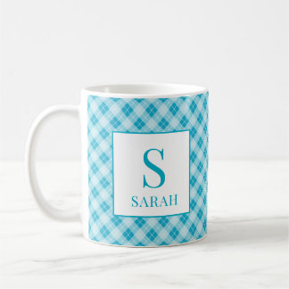 Aqua Blue Argyle Plaid Custom Name Mug Kaffemugg