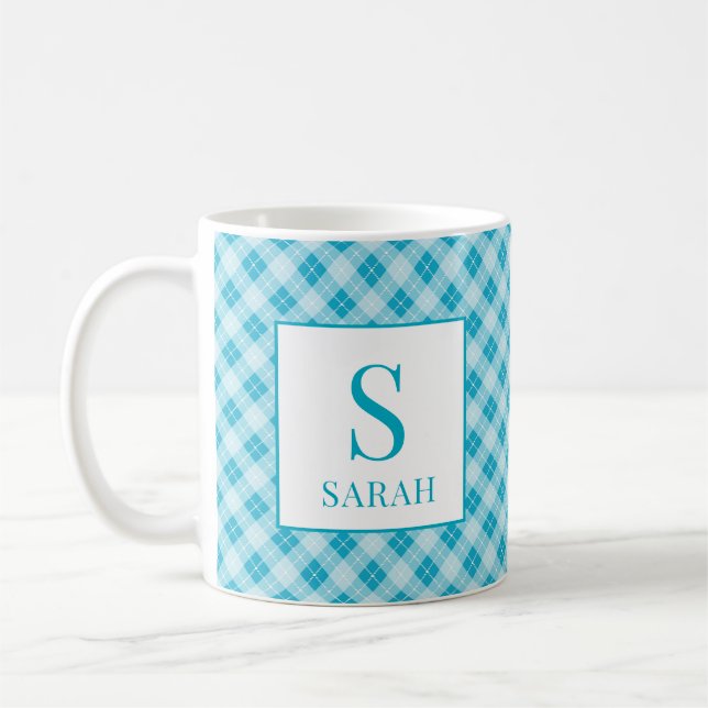 Aqua Blue Argyle Rutig Namn Mugg (Vänster)