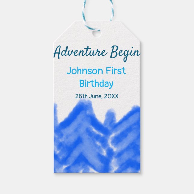 Aqua Blue Äventyr börjar 1:a födelsedag Presentetikett (Framsidan)