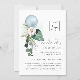 Aqua Blue Balloon Flora Logotyp Grand Open Inbjuda Tack Kort