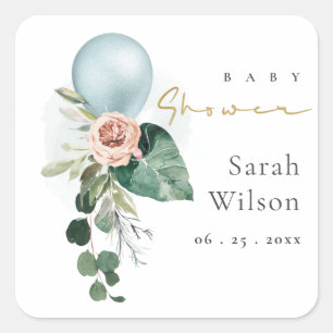 AQUA BLUE BALLOON PEACH BLOMMIGT BUNCH BABY SHOWER FYRKANTIGT KLISTERMÄRKE