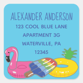 Aqua Blue Bassäng Flyter Returetiketter på kvadrat Fyrkantigt Klistermärke