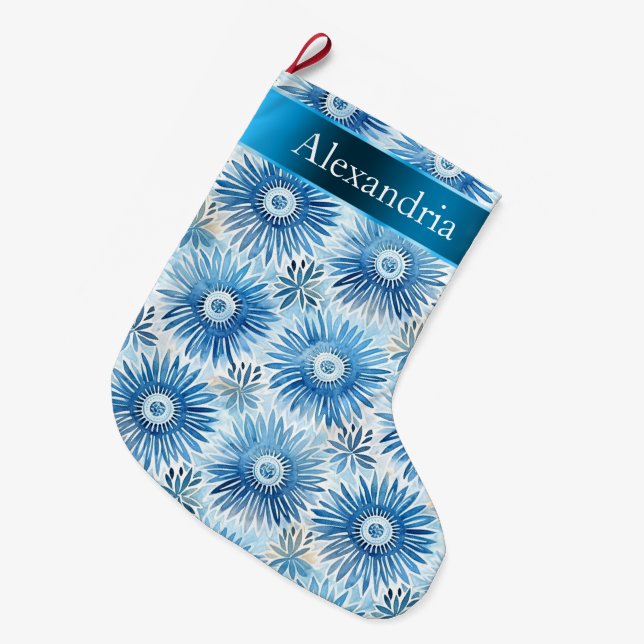 Aqua Blue Batik Blommigt jul Namn Stor Julstrumpa (Framsidan (Hängande))