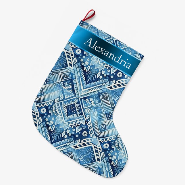 Aqua Blue Batik jul Namn Stor Julstrumpa (Framsidan (Hängande))