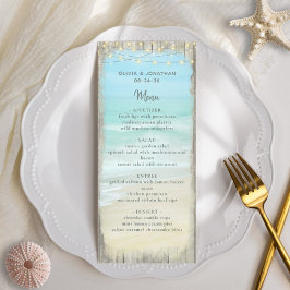 Aqua Blue Beach Rustic Wood String Ljus Bröllop Meny