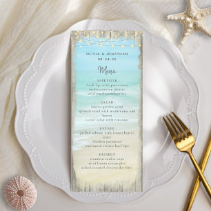 Aqua Blue Beach Rustic Wood String Ljus Bröllop Meny