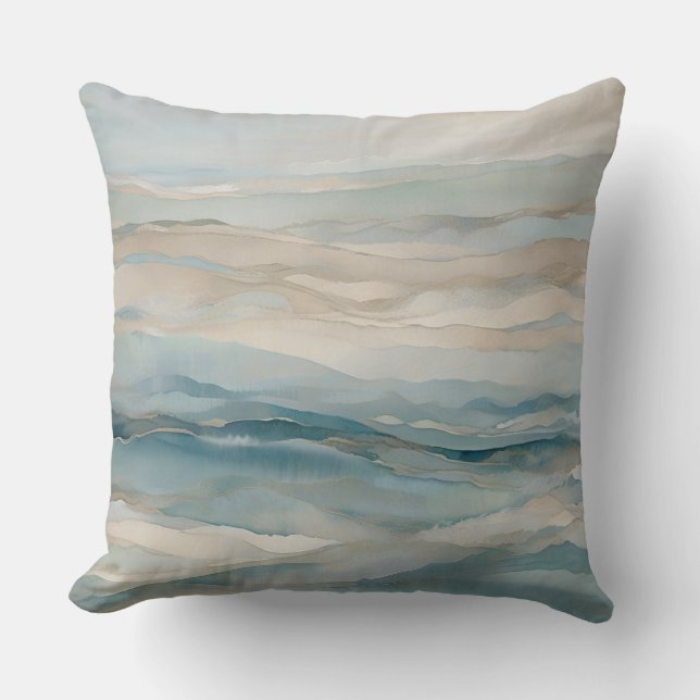 Aqua Blue Beige Teal Cream Abstrakt Wave Mönster Kudde (Framsida)