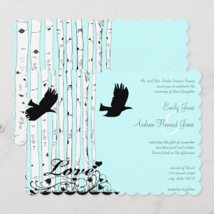 Aqua Blue Birch Träd Love Bird bröllopsinbjudninga Inbjudningar