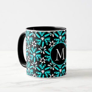 Aqua Blue & Black Batik Flower Mönster Monogram Mugg