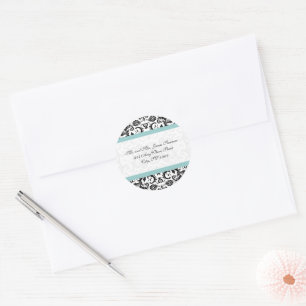 Aqua Blue Black Damask Adress Wedding Stickers Runt Klistermärke