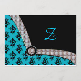 Aqua Blue & Black Damask Gem Gnistra Inbjudningar