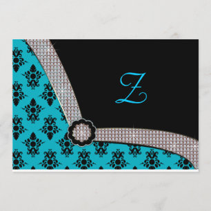 Aqua Blue & Black Damask Gem Gnistra Inbjudningar