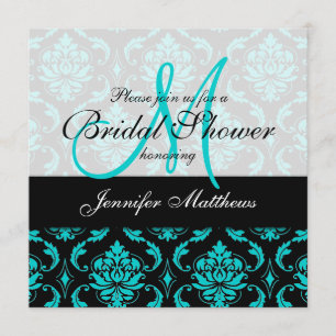 Aqua Blue Black Damask Inbjudningskort för möhippa