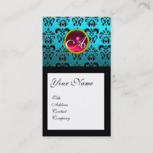 AQUA BLUE BLACK DAMASK SQUARE RUBY GEM MONOGRAM VISITKORT