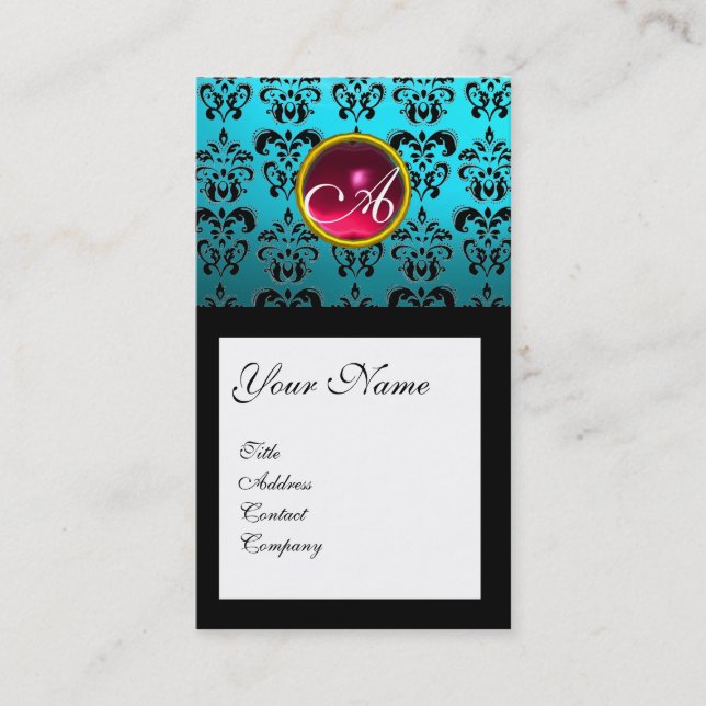 AQUA BLUE BLACK DAMASK SQUARE RUBY GEM MONOGRAM VISITKORT (Framsida)
