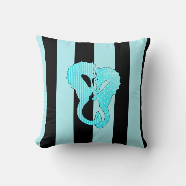 Aqua Blue Black Seashell och Seahorse Pillow Kudde (Framsida)