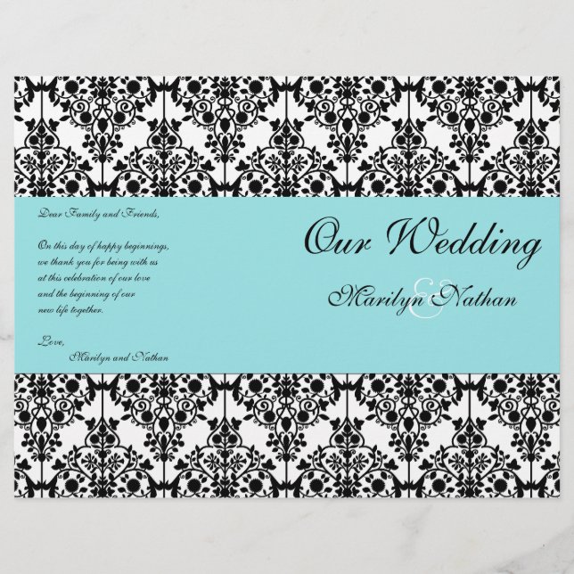Aqua Blue, Black, White Damask Wedding Program (Framsida)