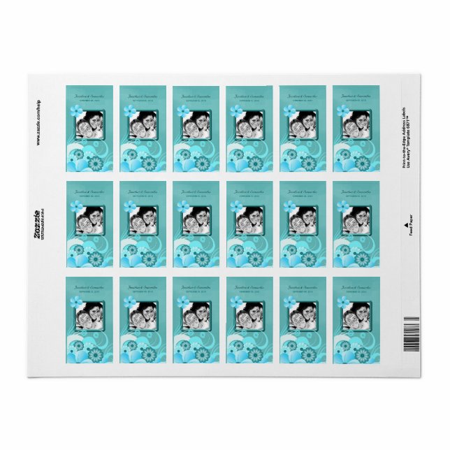 Aqua Blue Blommigt Hibiscus Bröllop Photo Favor Vi Adressetikett (Helt Ark)