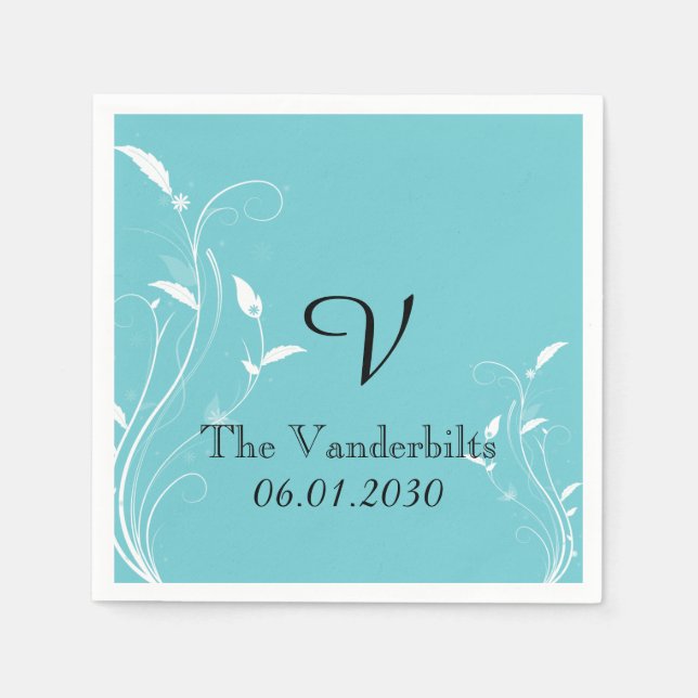 Aqua Blue Blommigt Monogram Bröllop Monogram Bröll Pappersservett (Framsidan)