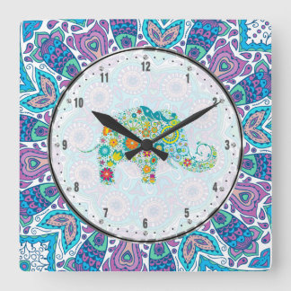 Aqua Blue Blommigt Snöre & Colorful Elephant Fyrkantig Klocka