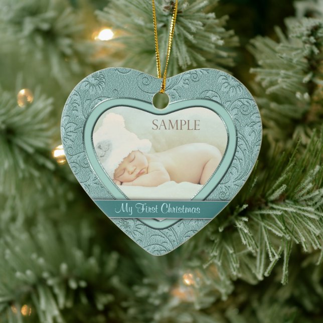 Aqua Blue Blommigt Swirl Baby Första jul Julgransprydnad Keramik (Träd)