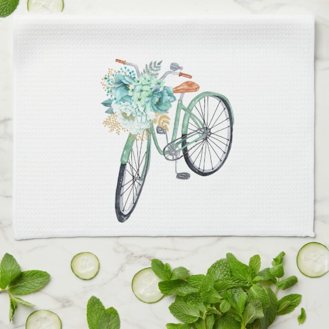 Aqua Blue Blommigt Vintage Bicycle Farmhouse Kökshandduk (Vikta)