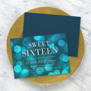 Aqua Blue Bokeh Ljus Sweet sixteen Birthday Inbjudningar