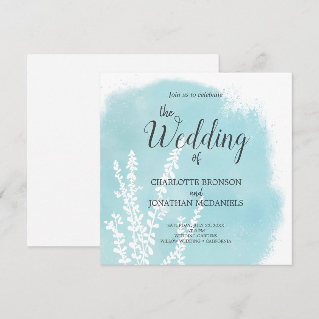 Aqua Blue Botanical Watercolor Tvättar Bröllop Inbjudningar (Fram/baksida)