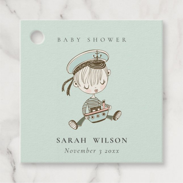 Aqua Blue Boys Little Sailor Nautical Baby Shower Gåvor Etiketter (Framsida)