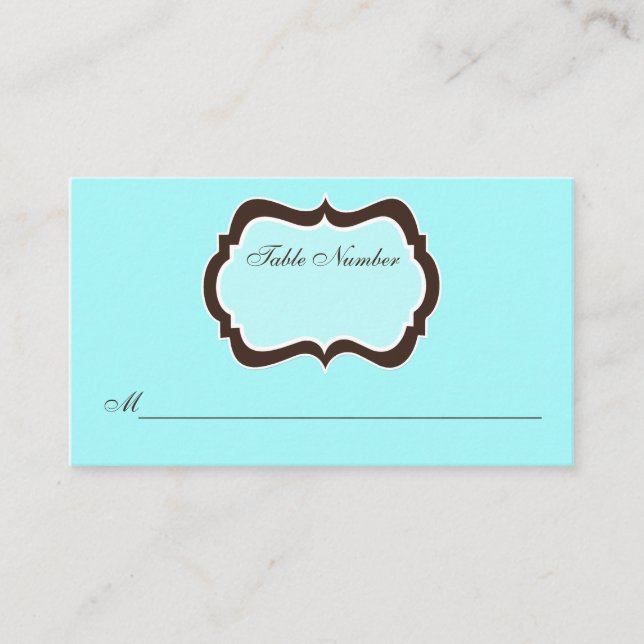 Aqua Blue, Brown och White Damask Place Card Placeringskort (Framsida)