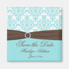 Aqua Blue, Brown, White Damask - spara datumet Magnet
