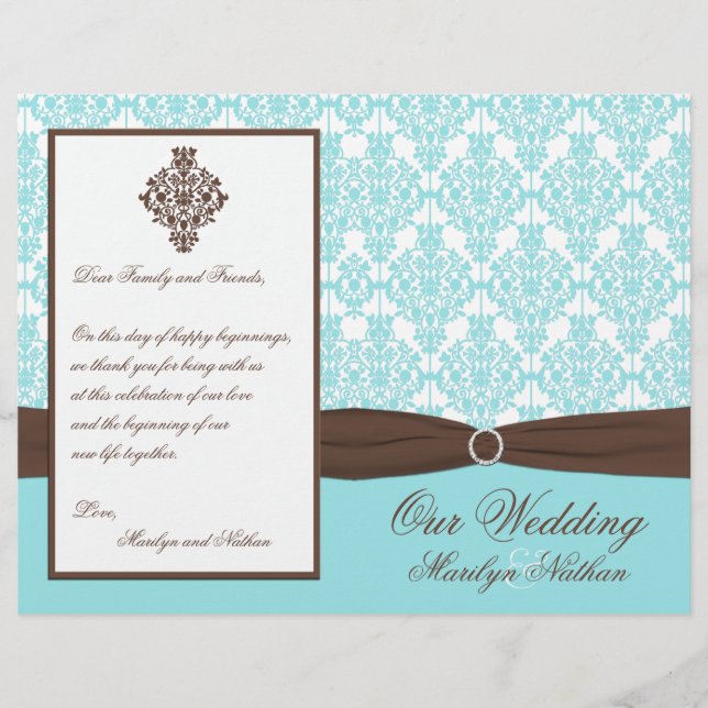 Aqua Blue, Brown, White Damask Wedding Program (Framsida)