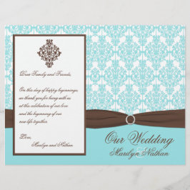 Aqua Blue, Brown, White Damask Wedding Program