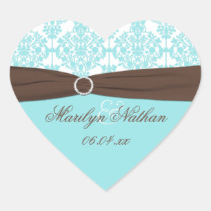 Aqua Blue, Brown, White Damask Wedding Sticker Hjärtformat Klistermärke