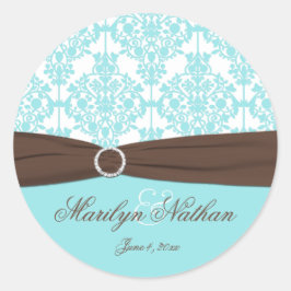 Aqua Blue, Brown, White Damask Wedding Sticker Runt Klistermärke