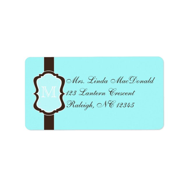 Aqua Blue, Brown, White Monogrammed Address Label Adressetikett (Framsidan)