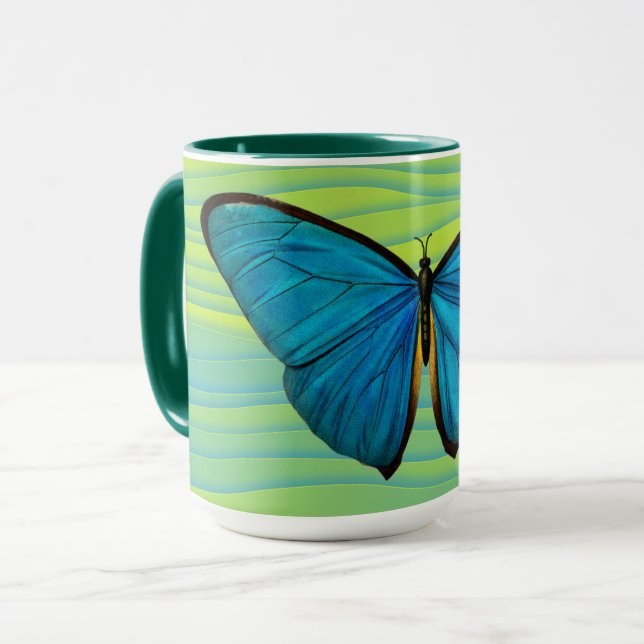 Aqua Blue Butterfly Grönt Art Mugg Kopp (Framsida vänster)