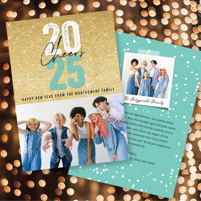 Aqua Blue Cheers 2025 Glitter Chic - nyårfoto Julkort (Aqua Blue Cheers 2025 Glitter Chic New Year Photo Holiday Card @ fat_fa_tin)