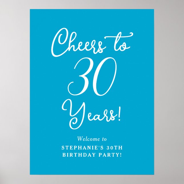 Aqua Blue Cheers till 30 års välkomstskylt Poster (Framsidan)