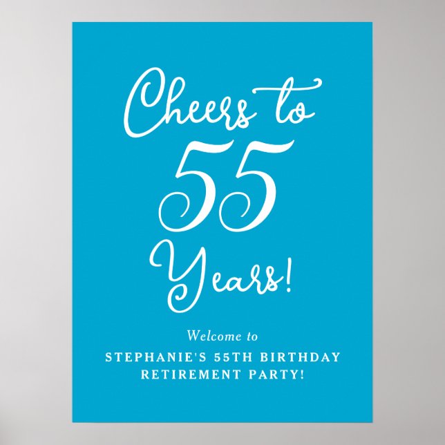 Aqua Blue Cheers till 55 år Pension Party Poster (Framsidan)