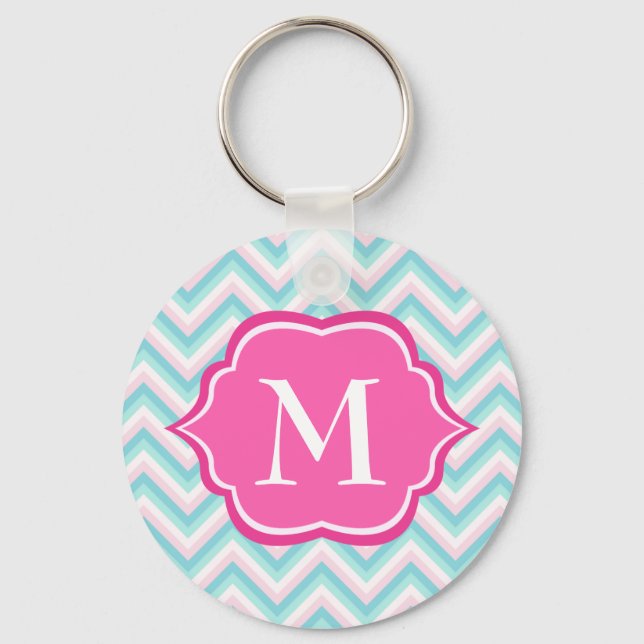 Aqua Blue Chevron Rosa White Monogram Design Nyckelring (Framsida)