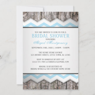 Aqua Blue Chevron & Wood Rustic Möhippa Inbjudningar