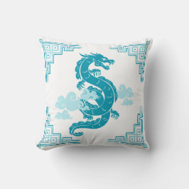 Aqua Blue Chinoiserie Dragon and Clouds Kudde