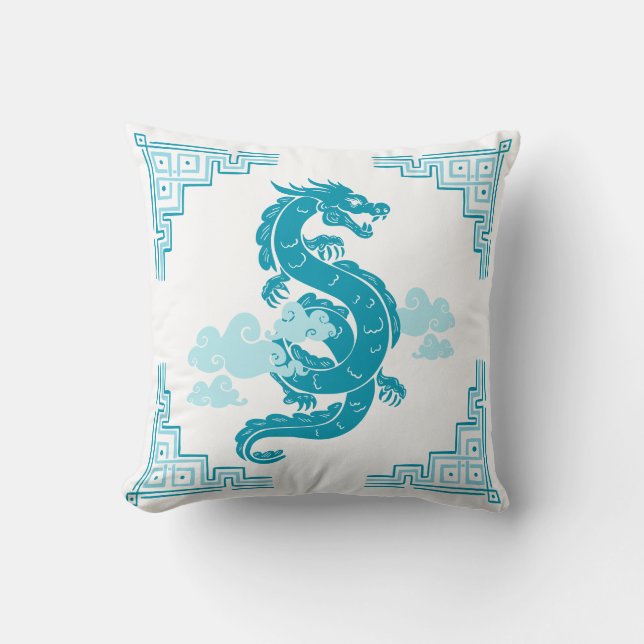 Aqua Blue Chinoiserie Dragon and Clouds Kudde (Framsida)