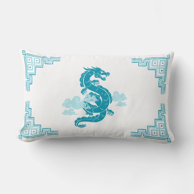 Aqua Blue Chinoiserie Dragon and Clouds Lumbarkudde (Framsida)