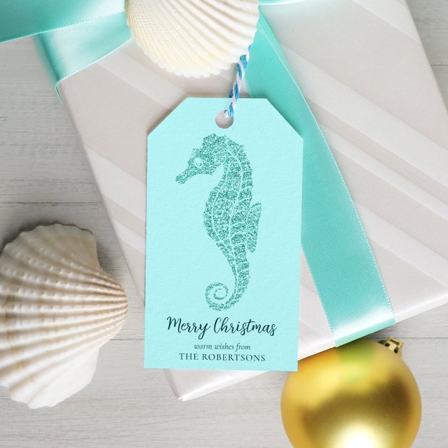 Aqua Blue Coastal God Seahorse Glitter Presentetikett (Skapare uppladdad)