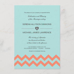 Aqua Blue & Coral Chevron bröllopsinbjudningar Inbjudningar