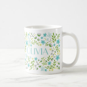 Aqua Blue Custom Name Söt Blommigt Girly Mugg